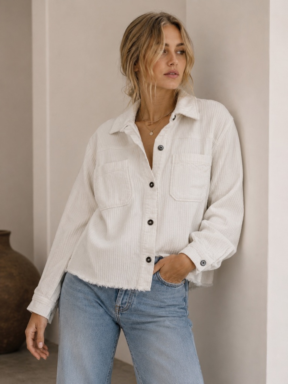 Zara‎ White Corduroy Shacket Jacket Raw Hem Womens Large